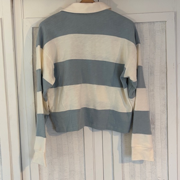 MARINE LAYER rugby crop polo top in aqua striped Women’s Sz S - Picture 3 of 8